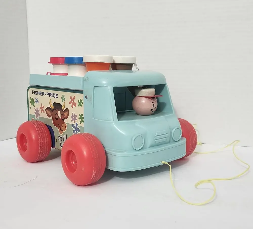 Vintage 1965 Fisher Price Milk Wagon Pull Toy 131 Bottles Lithos Driver